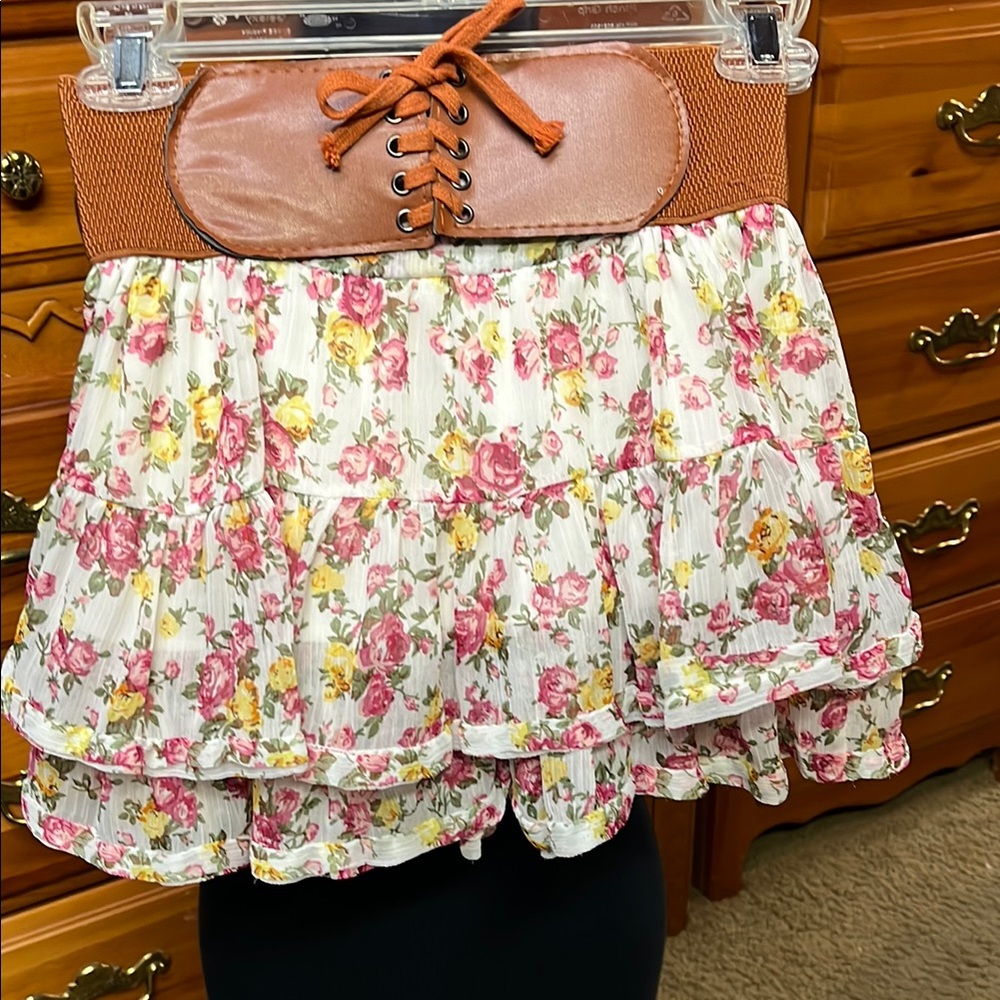 Floral Ruffle Skirt with Brown Lace-Up Waist